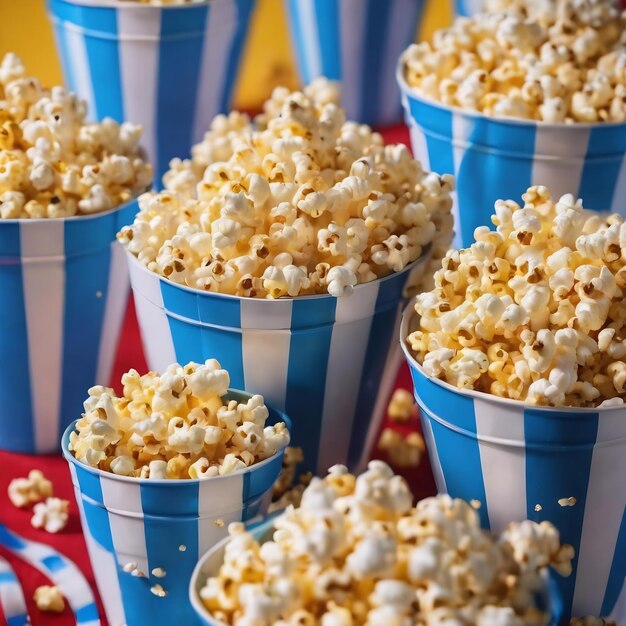 Uma vista frontal de pipocas frescas dentro de cestas coloridas junto com boné de aniversário em lanche de cinema azul