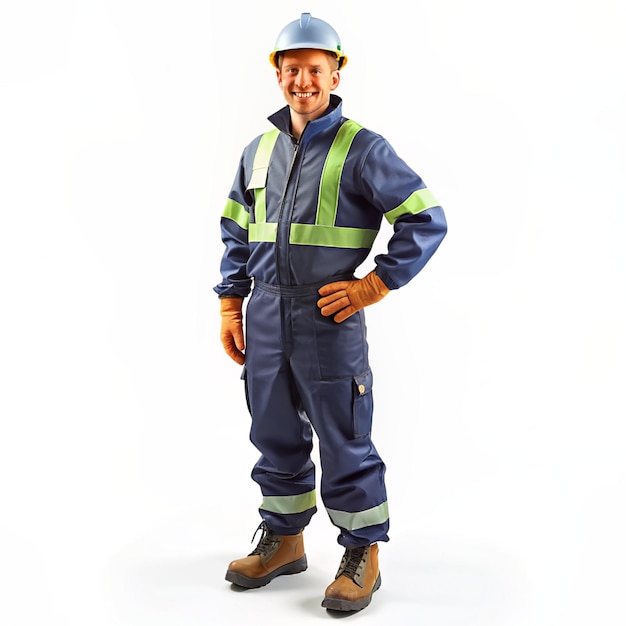uma vista frontal de um trabalhador de corpo inteiro sorrindo usando um capacete de proteção e fato de trabalho