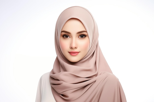 Uma vista frontal de uma mulher hijab em fundo branco