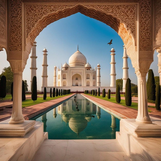 Uma vista frontal e lateral do taj mahal hd