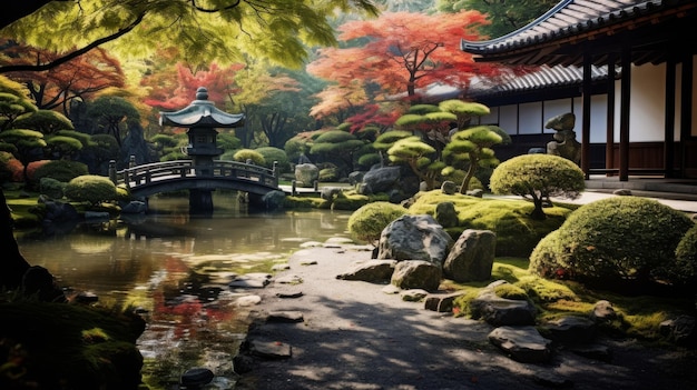Uma vista harmoniosa e elegante de um jardim tradicional japonês com um peixe koi e uma árvore bonsai
