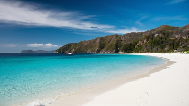 Uma vista hipnotizante da praia de areia branca e água cristalina turquesa na Indonésia