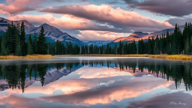 Uma vista hipnotizante do lago com o reflexo dos abetos as montanhas e o céu nublado