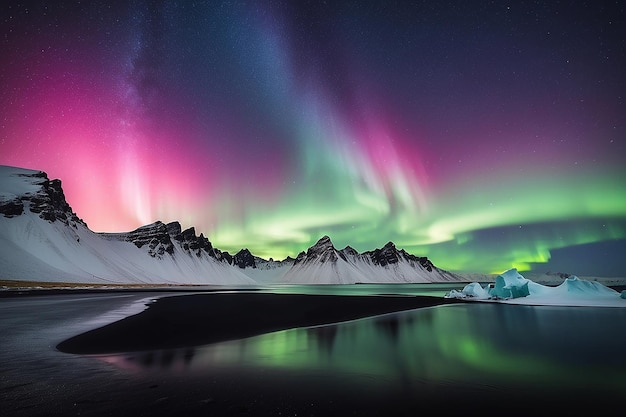 Uma vista incrível da aurora boreal verde brilhando no céu noturno sobre a cordilheira nevada