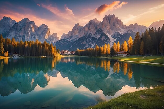 Uma vista incrível da natureza do Lago Misurina e da cordilheira durante um belo pôr-do-sol Localização Lago Missurina Dolomitas Alpes Tirol do Sul