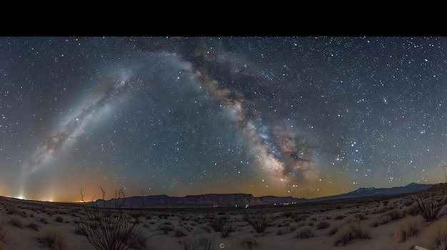 Uma vista incrível das estrelas do céu noturno e da Via Láctea no deserto com montanhas ao fundo