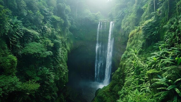 Uma vista incrível de uma cachoeira no meio de uma selva tropical verde