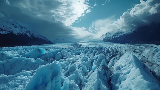 Foto uma vista incrível de uma geleira na patagônia as cores azul e branca do gelo são impressionantes a geleira é cercada por montanhas cobertas de neve