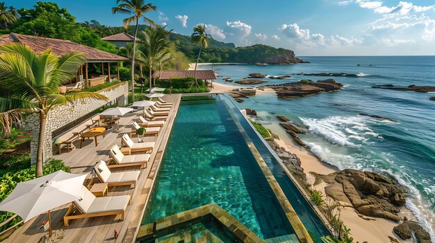 Uma vista incrível de uma vila de luxo com uma piscina infinita com vista para o oceano. A vila é cercada por palmeiras e tem uma bela praia.