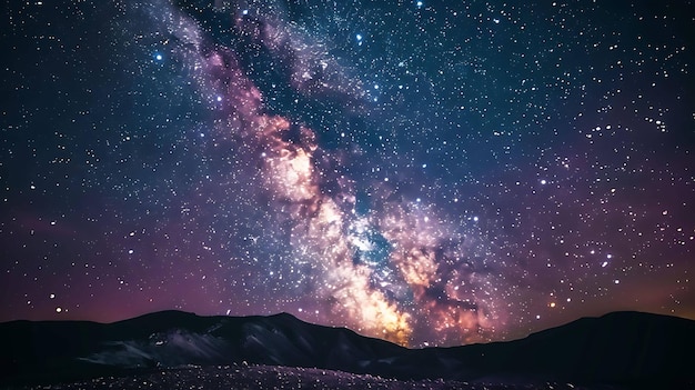 Uma vista incrível do céu noturno cheio de estrelas e uma Via Láctea brilhante e brilhante