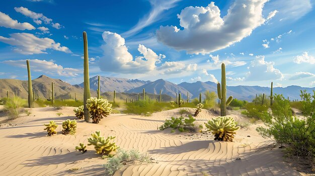 Uma vista incrível do deserto com cactos gigantes e montanhas ao fundo