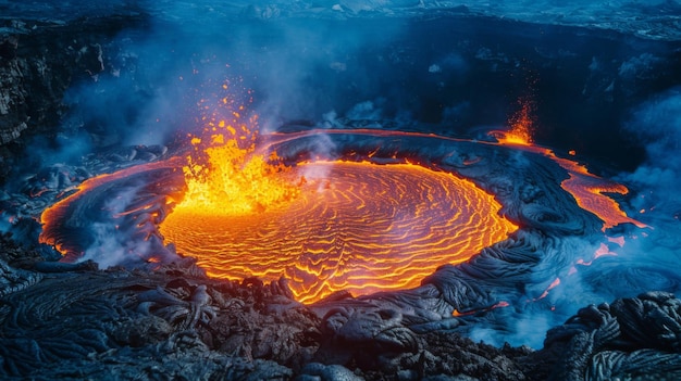 Uma vista íntima dentro de uma cratera de vulcão focando na lava borbulhante