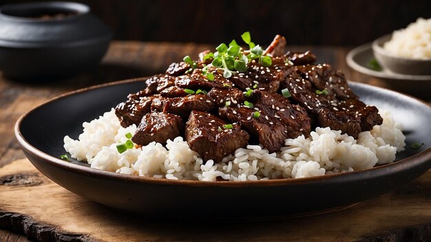 Foto uma vista lateral de carne de bovino mongol servida em uma mesa de madeira desgastada e realçar a perfeitamente se