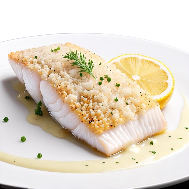 Uma vista lateral de um filé de bacalhau assado mostrando sua carne branca escamosa e a cobertura de migalhas de pão crocante