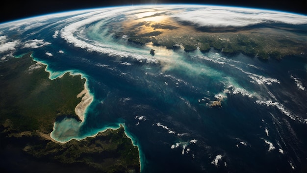 Foto uma vista majestosa da terra vista do espaço com suas nuvens e oceanos rodopiantes