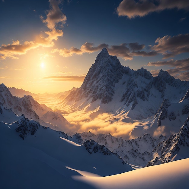 Uma vista majestosa do céu matinal com o sol nascendo sobre os picos cobertos de neve da montanha