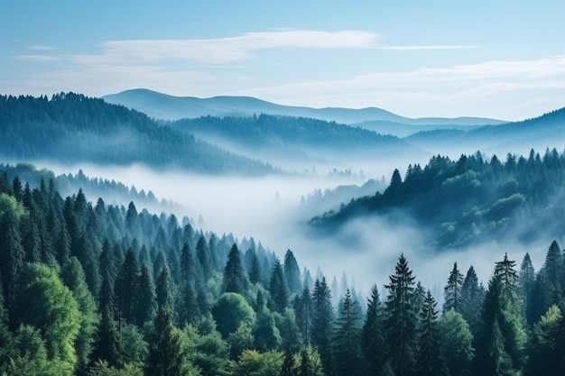 Uma vista maravilhosa das montanhas dos Cárpatos ucranianos no nevoeiro