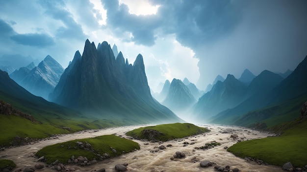 Uma vista maravilhosa de um rio que flui através de um vale com montanhas ao fundo AI Generative