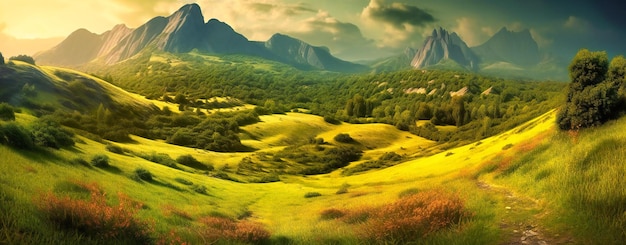 Uma vista muito bonita de grama verde exuberante e montanha em um dia ensolarado