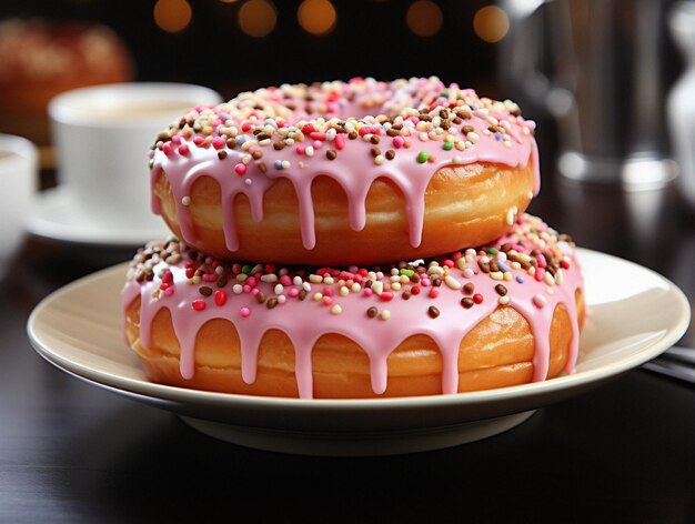 Foto uma vista muito detalhada de um donut delicioso com cobertura rosa