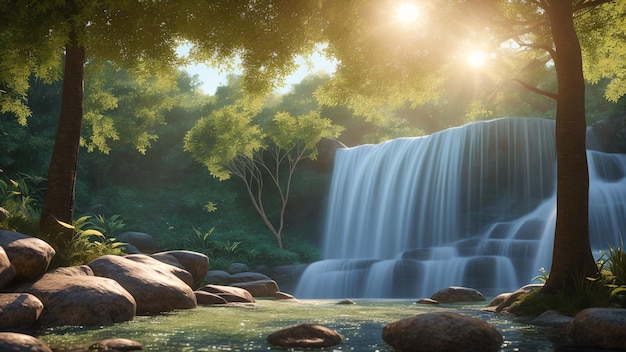 Uma vista notável de uma cachoeira em uma selva tropical com rochas e árvores AI Generative