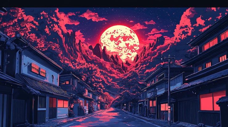 Foto uma vista noturna de uma aldeia japonesa com lua cheia e nuvens cor-de-rosa