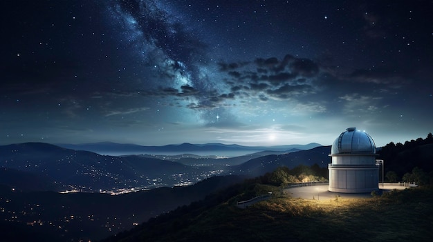 uma vista noturna de uma cidade e as estrelas