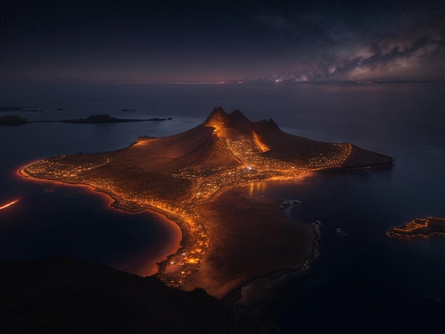 Uma vista noturna de uma praia com uma praia e montanhas ao fundo.