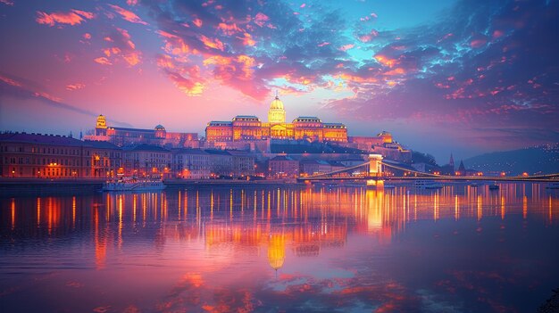 Uma vista noturna deslumbrante de Budapeste com o Parlamento e a Ponte das Cadeias iluminadas contra um céu de fogo