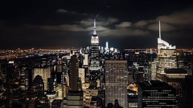 Uma vista noturna deslumbrante do horizonte da cidade com arranha-céus iluminados por inúmeras luzes