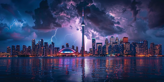 Foto uma vista noturna espetacular do horizonte de toronto com relâmpagos sobre o lago ontário