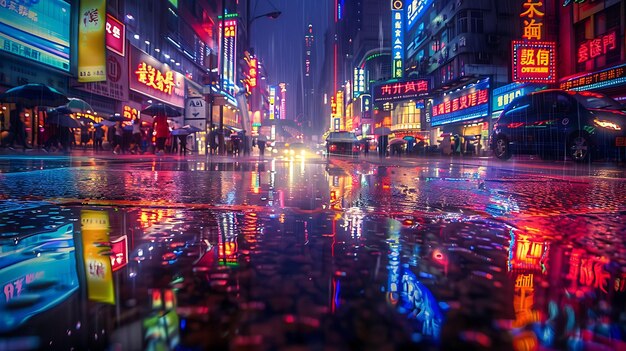 Uma vista noturna impressionante de uma rua movimentada da cidade com luzes de néon coloridas refletindo-se no pavimento molhado depois da chuva