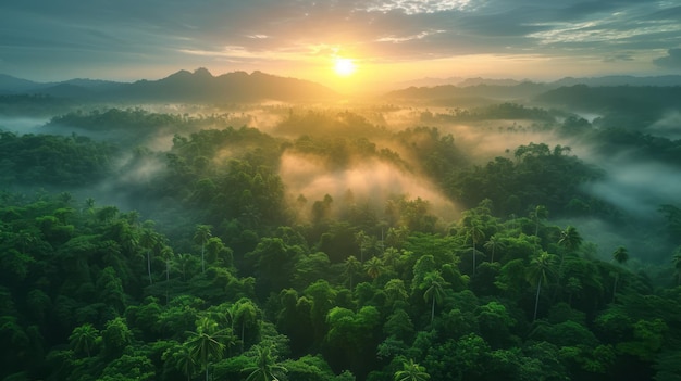 Uma vista panorâmica aérea da floresta tropical na névoa matinal Uma vista deslumbrante do nascer do sol de Bornéu