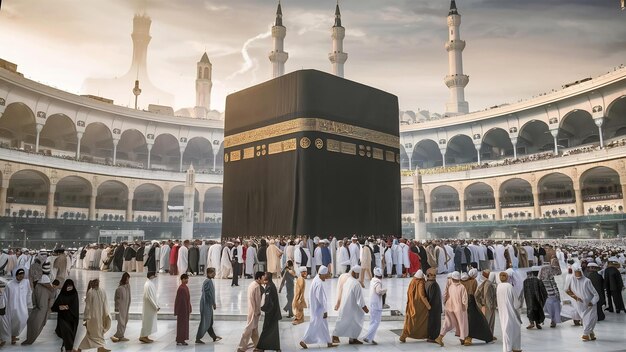 Foto uma vista panorâmica da deslumbrante e sagrada cidade de meca envolta em suave luz dourada