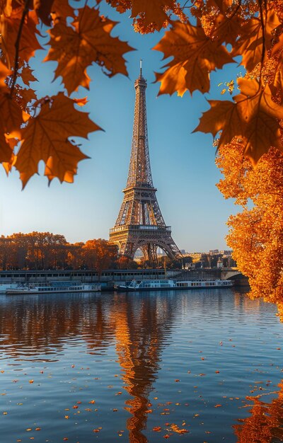 Foto uma vista panorâmica da torre eiffel do outro lado do rio sena