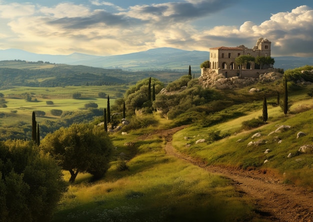 Uma vista panorâmica da zona rural romana com ruínas antigas