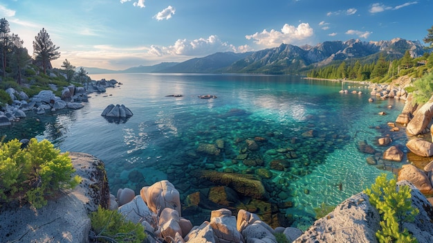 Foto uma vista panorâmica de águas cristalinas coloridas em uma enseada rochosa de sand harbor com altos picos da sierra nevada no horizonte