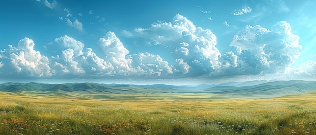 Uma vista panorâmica de colinas onduladas sob um céu dinâmico
