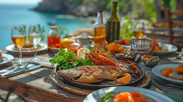 Uma vista panorâmica de frutos do mar frescos e cozinha saudável