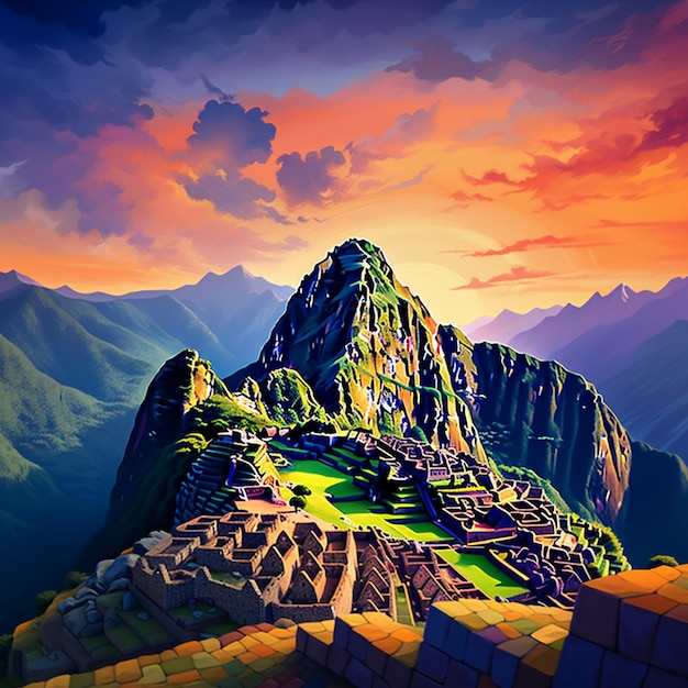 Foto uma vista panorâmica de machu picchu ao nascer do sol