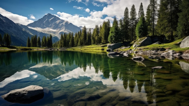 Uma vista panorâmica de um lago claro nos Alpes com vegetação exuberante e picos cobertos de neve