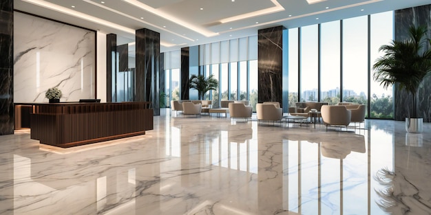 Uma vista panorâmica de um lobby comercial moderno e profissional com piso de mármore reluzente