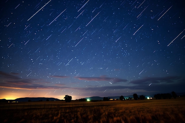 Uma vista panorâmica de um vasto campo sob uma chuva de meteoros durante a Chuva de Meteoros Perseidas