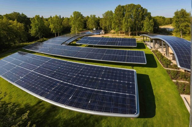 Uma vista panorâmica de uma fazenda solar de energia verde com grandes painéis solares