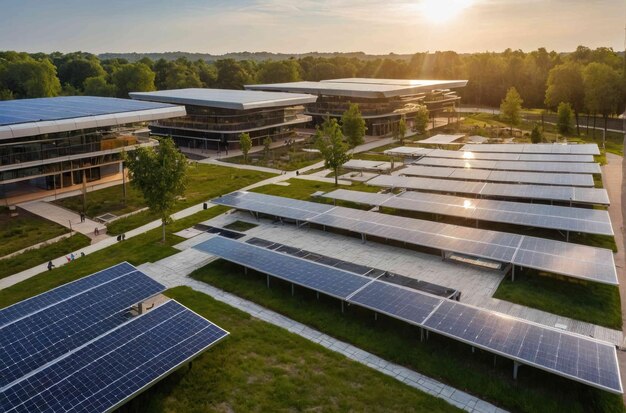 Uma vista panorâmica de uma fazenda solar de energia verde com grandes painéis solares