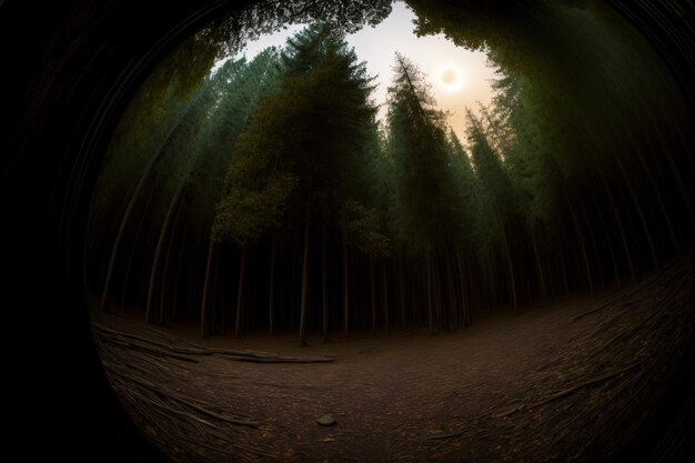 Uma vista panorâmica de uma floresta com árvores