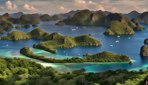 uma vista panorâmica de uma ilha tropical com muitas ilhas e árvores tropicais