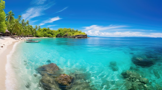 uma vista panorâmica de uma paisagem de praia com águas azul-turquesa, praias de areia branca