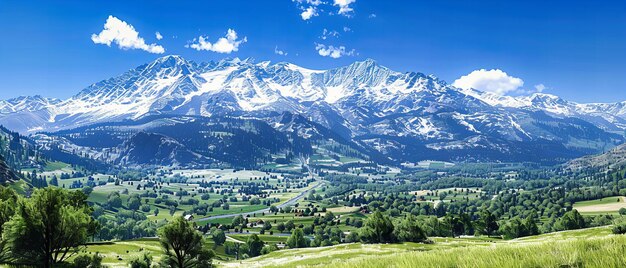 Foto uma vista panorâmica dos alpes, prados verdes e exuberantes sob picos cobertos de neve, um sonho de caminhantes nos alpes suíços