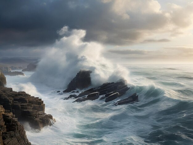 Uma vista para o mar com grandes ondas.